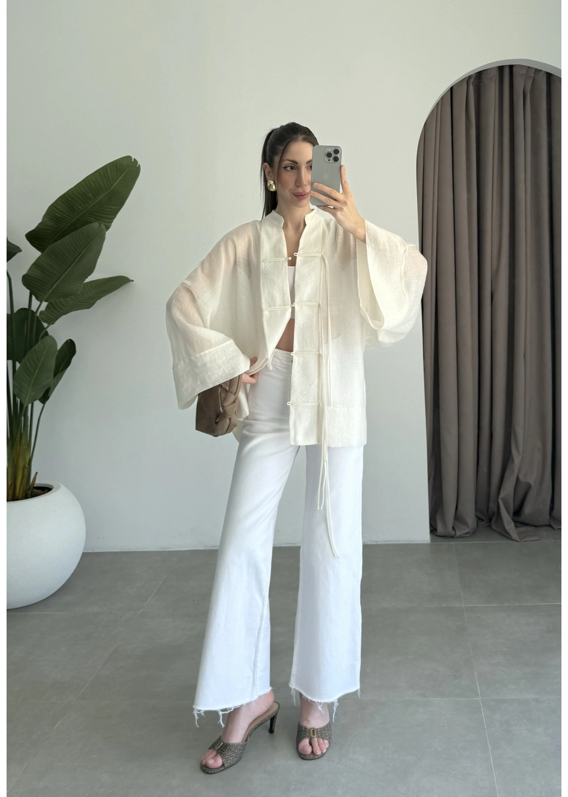 Çin Düğmeli Ekru Gömlek Kimono