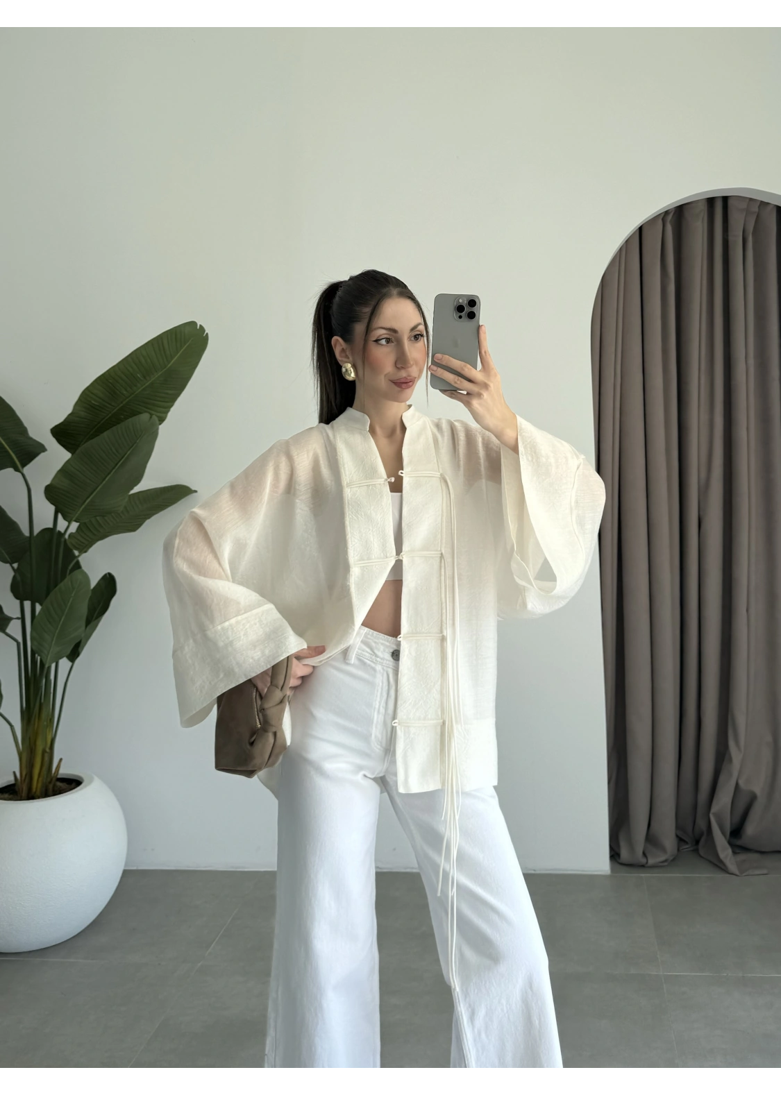 Çin Düğmeli Ekru Gömlek Kimono