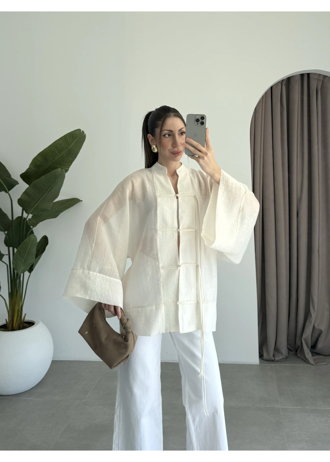 Çin Düğmeli Ekru Gömlek Kimono