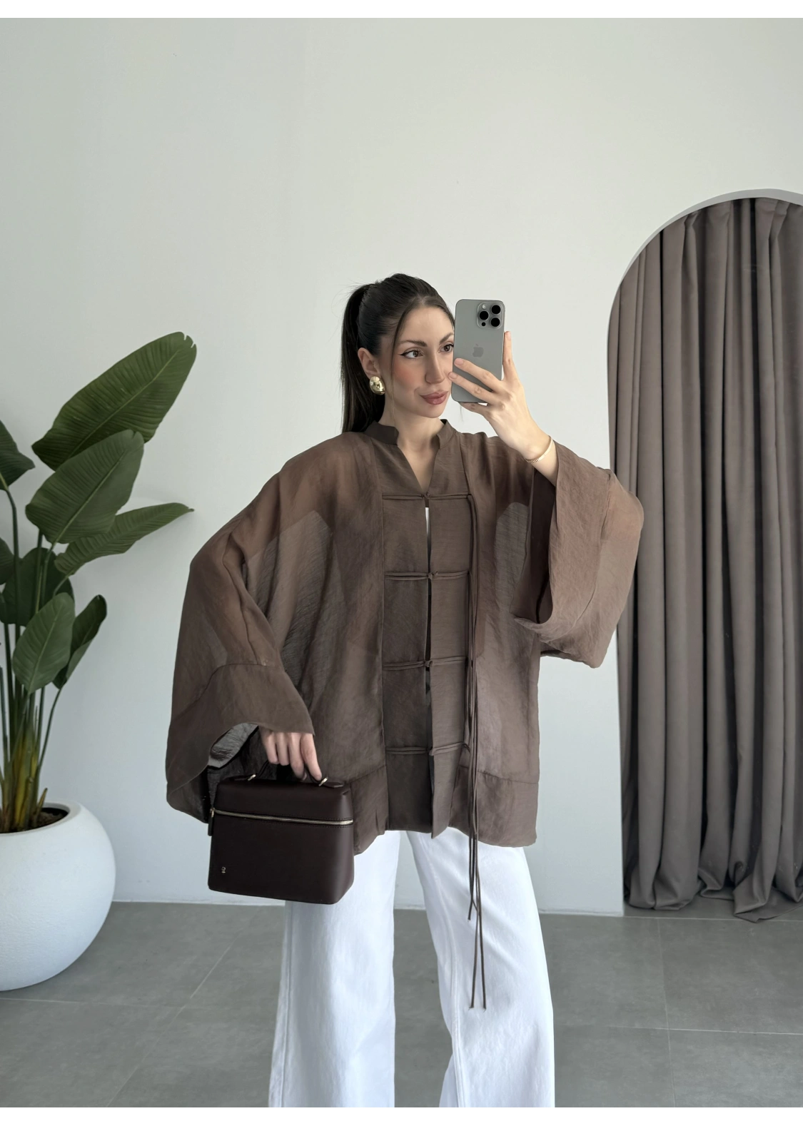 Çin Düğmeli Kahve Gömlek Kimono