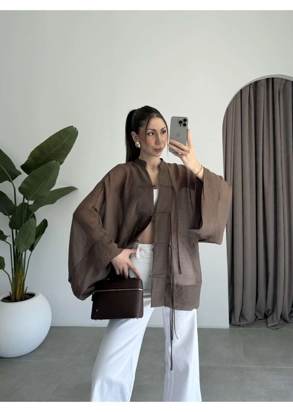 Çin Düğmeli Kahve Gömlek Kimono