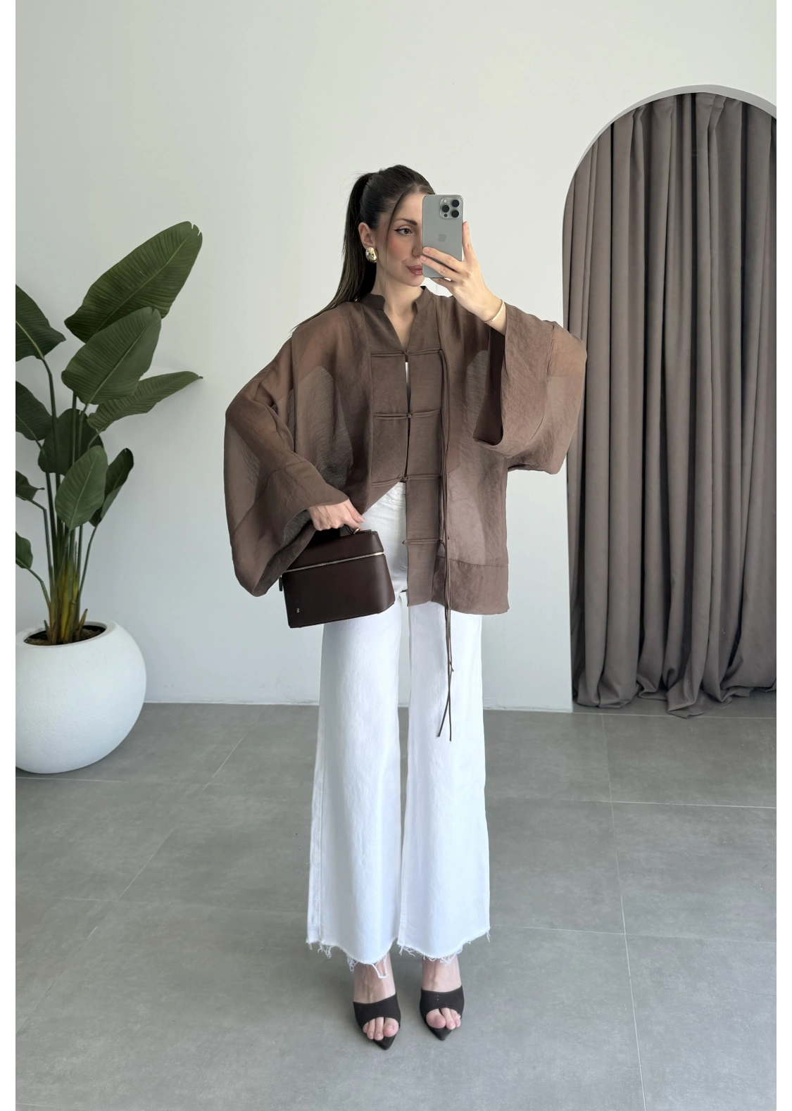 Çin Düğmeli Kahve Gömlek Kimono