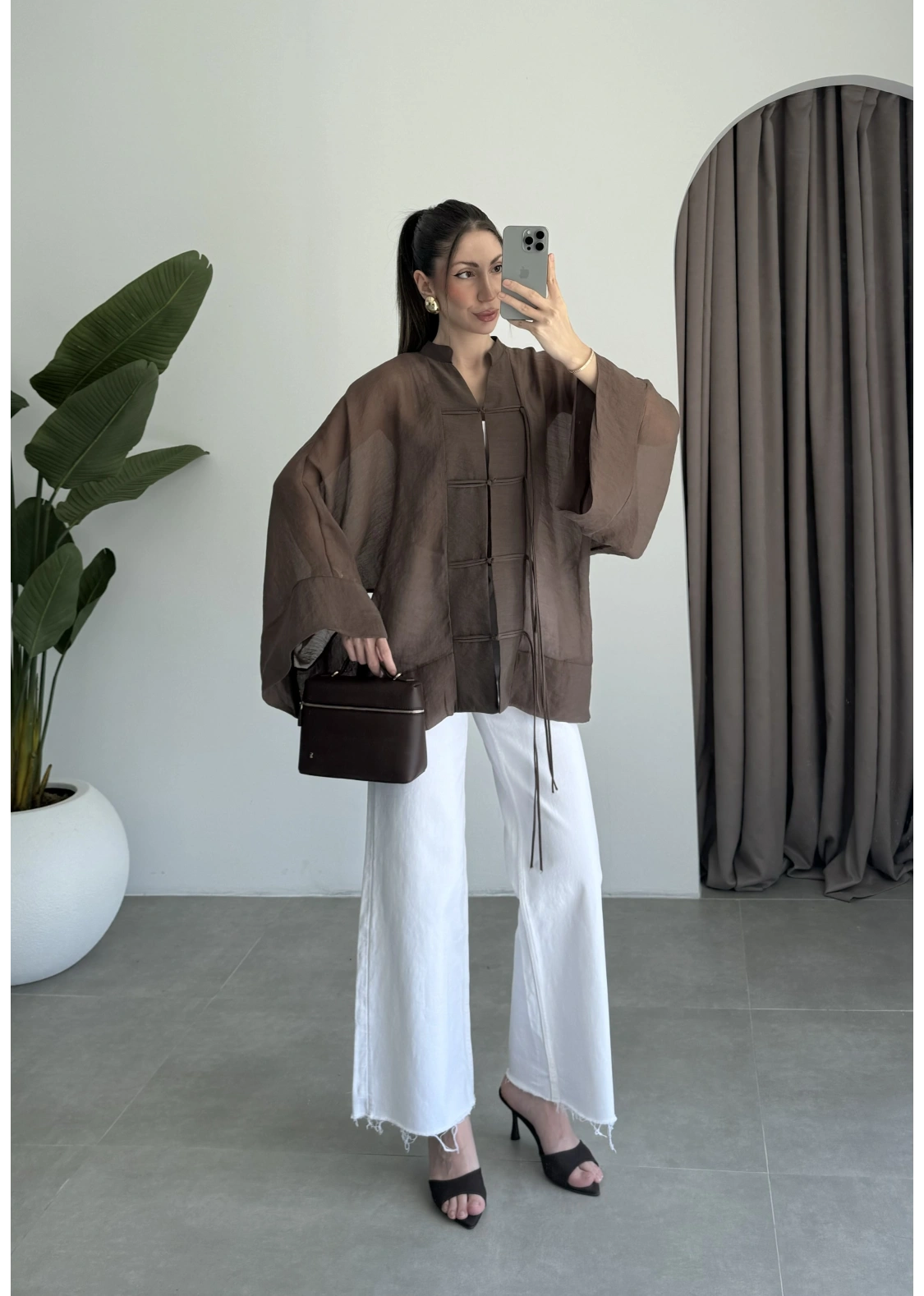 Çin Düğmeli Kahve Gömlek Kimono