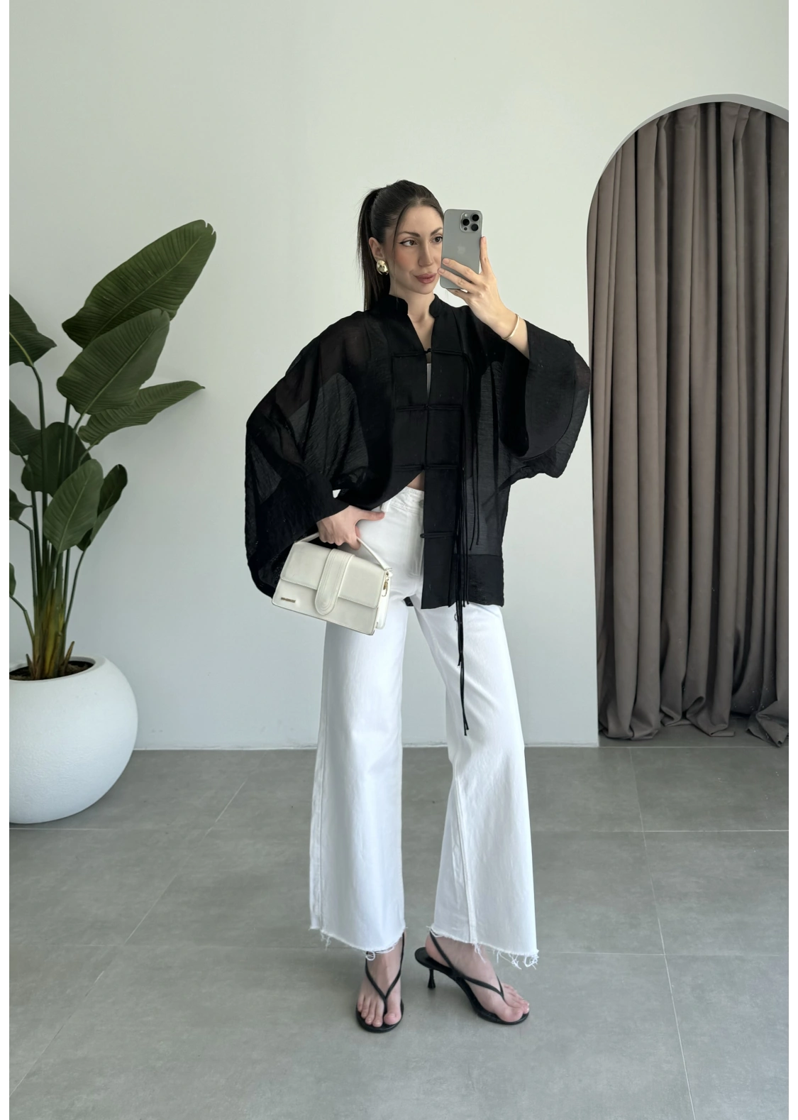 Çin Düğmeli Siyah Gömlek Kimono
