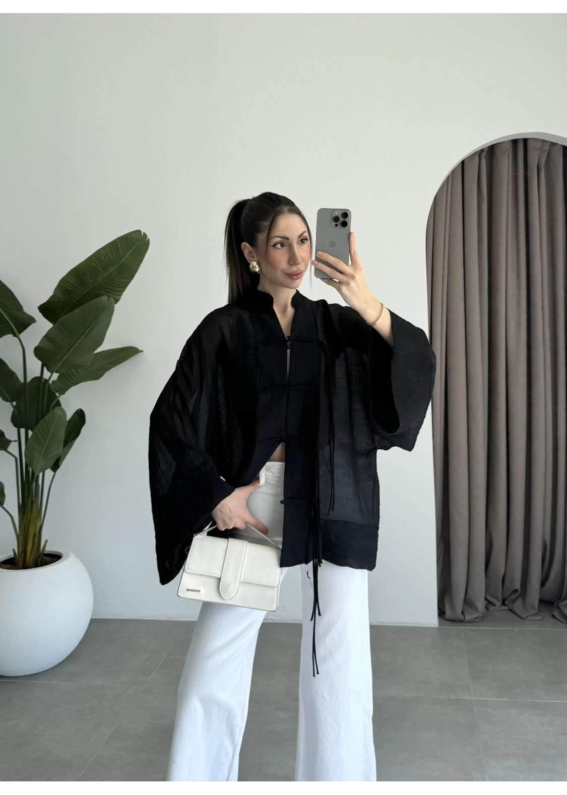 Çin Düğmeli Siyah Gömlek Kimono