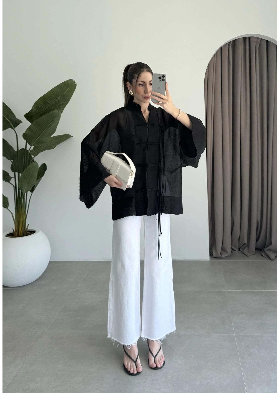 Çin Düğmeli Siyah Gömlek Kimono