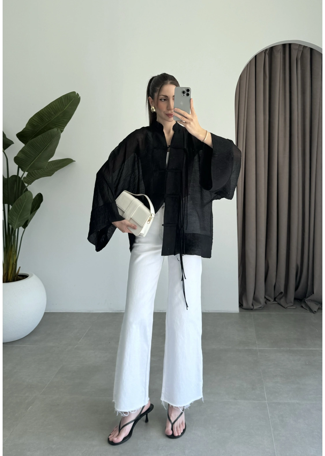 Çin Düğmeli Siyah Gömlek Kimono