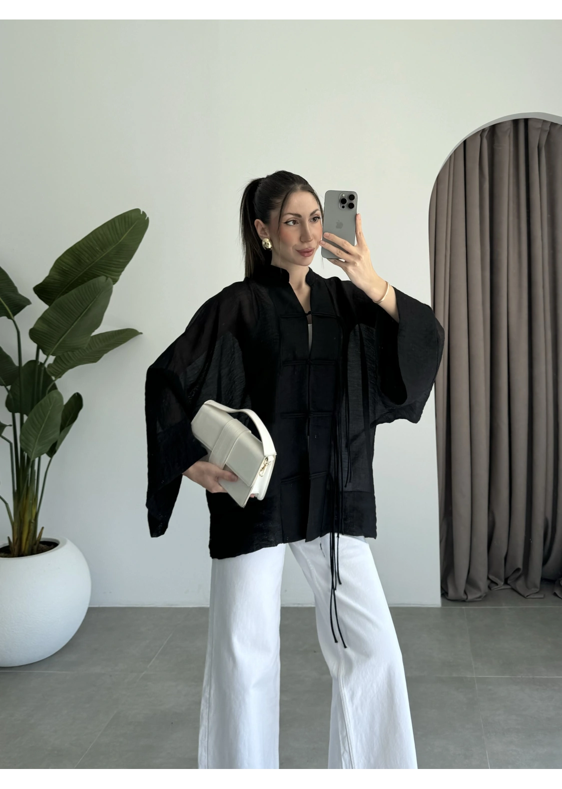 Çin Düğmeli Siyah Gömlek Kimono