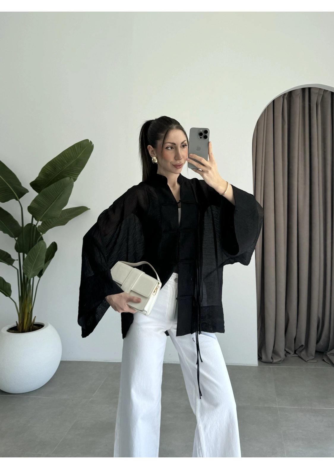 Çin Düğmeli Siyah Gömlek Kimono