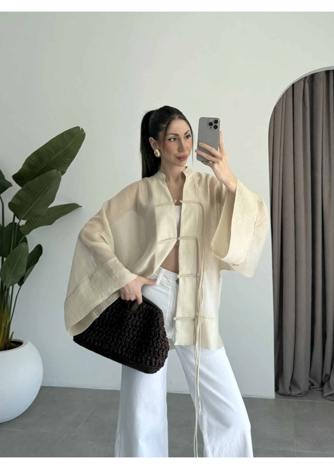 Çin Düğmeli Taş Gömlek Kimono