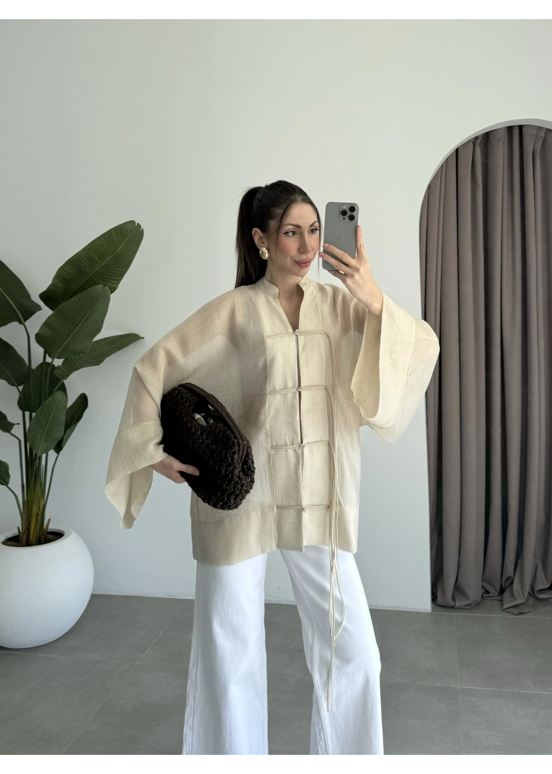 Çin Düğmeli Taş Gömlek Kimono