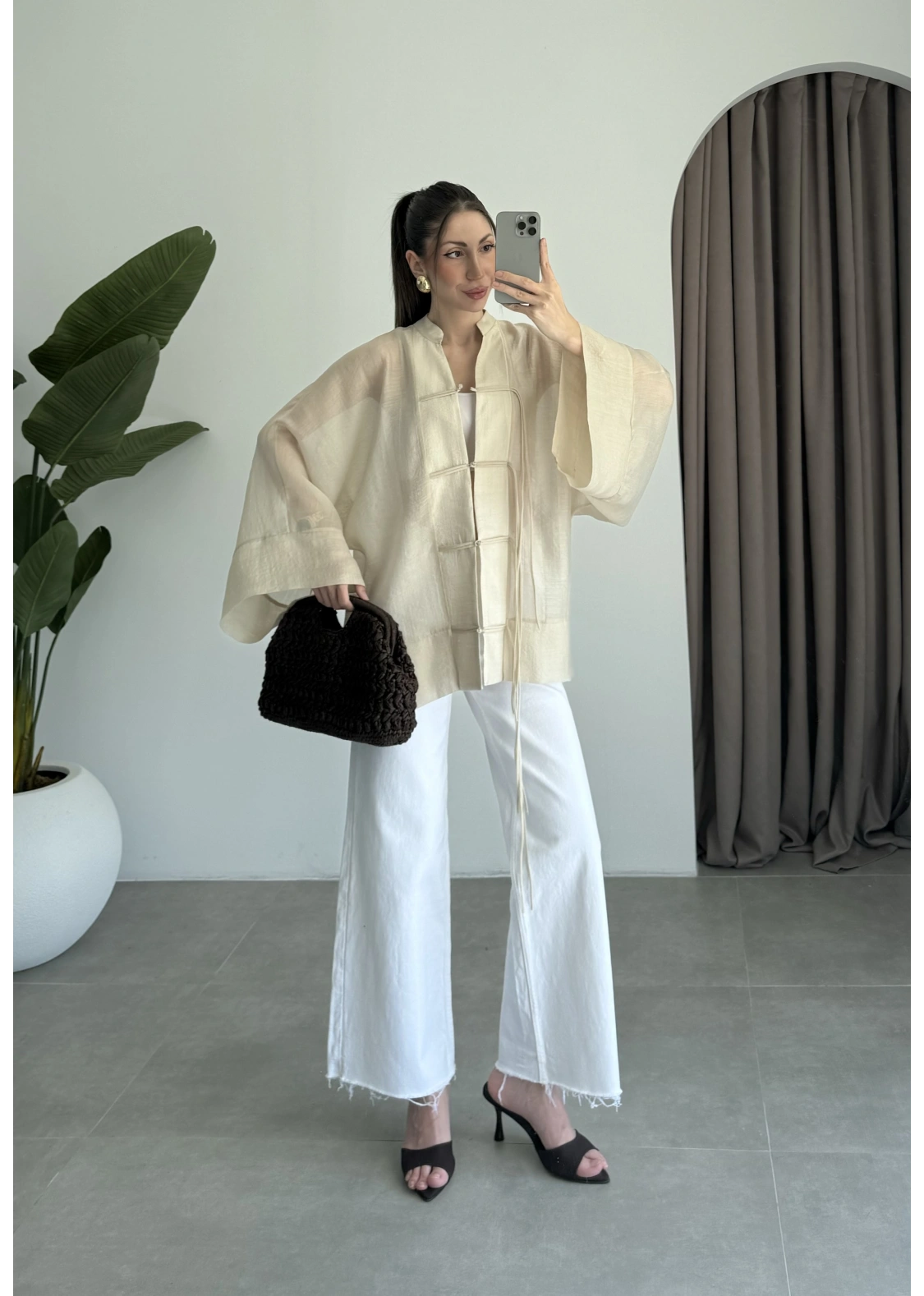 Çin Düğmeli Taş Gömlek Kimono