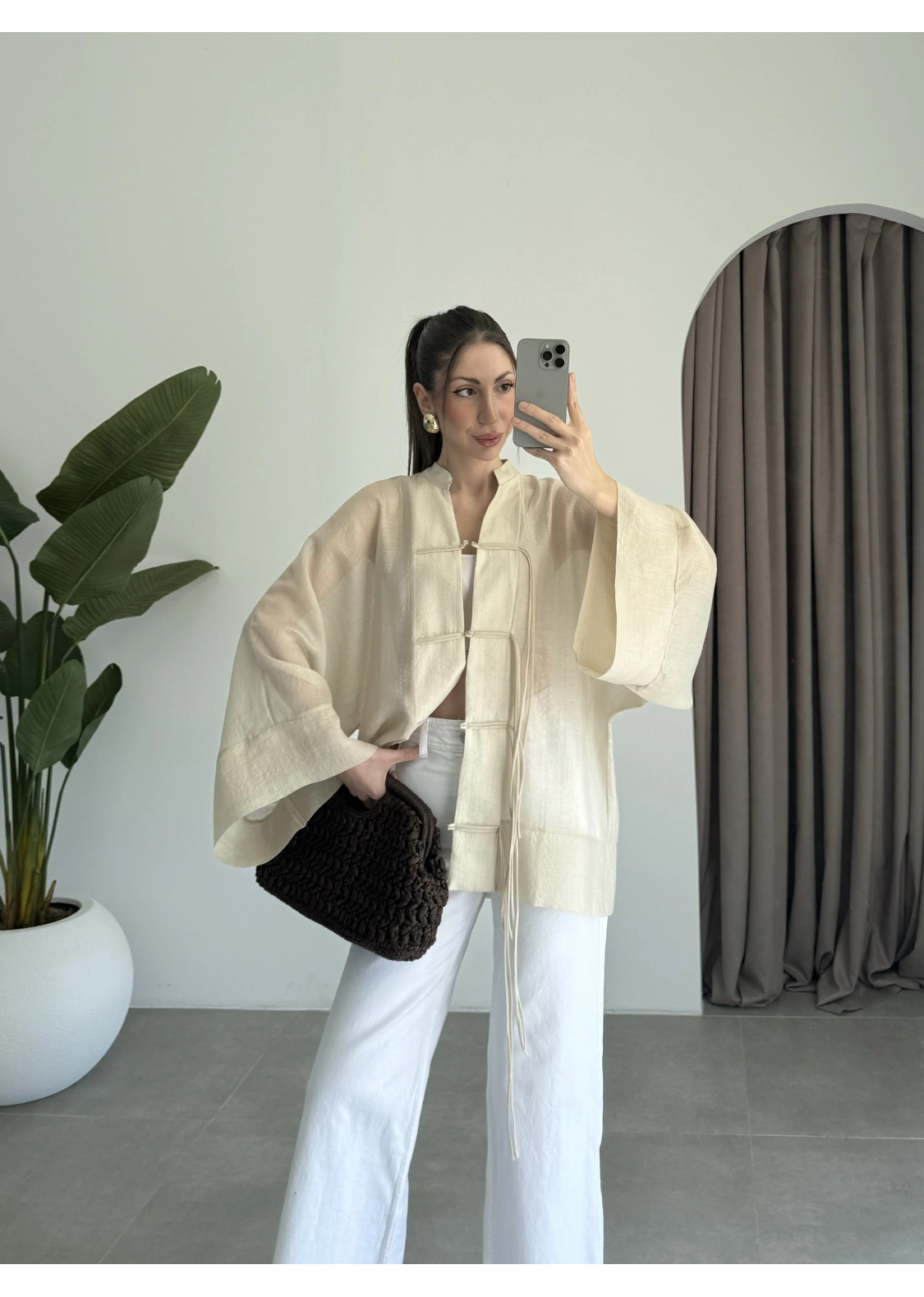 Çin Düğmeli Taş Gömlek Kimono