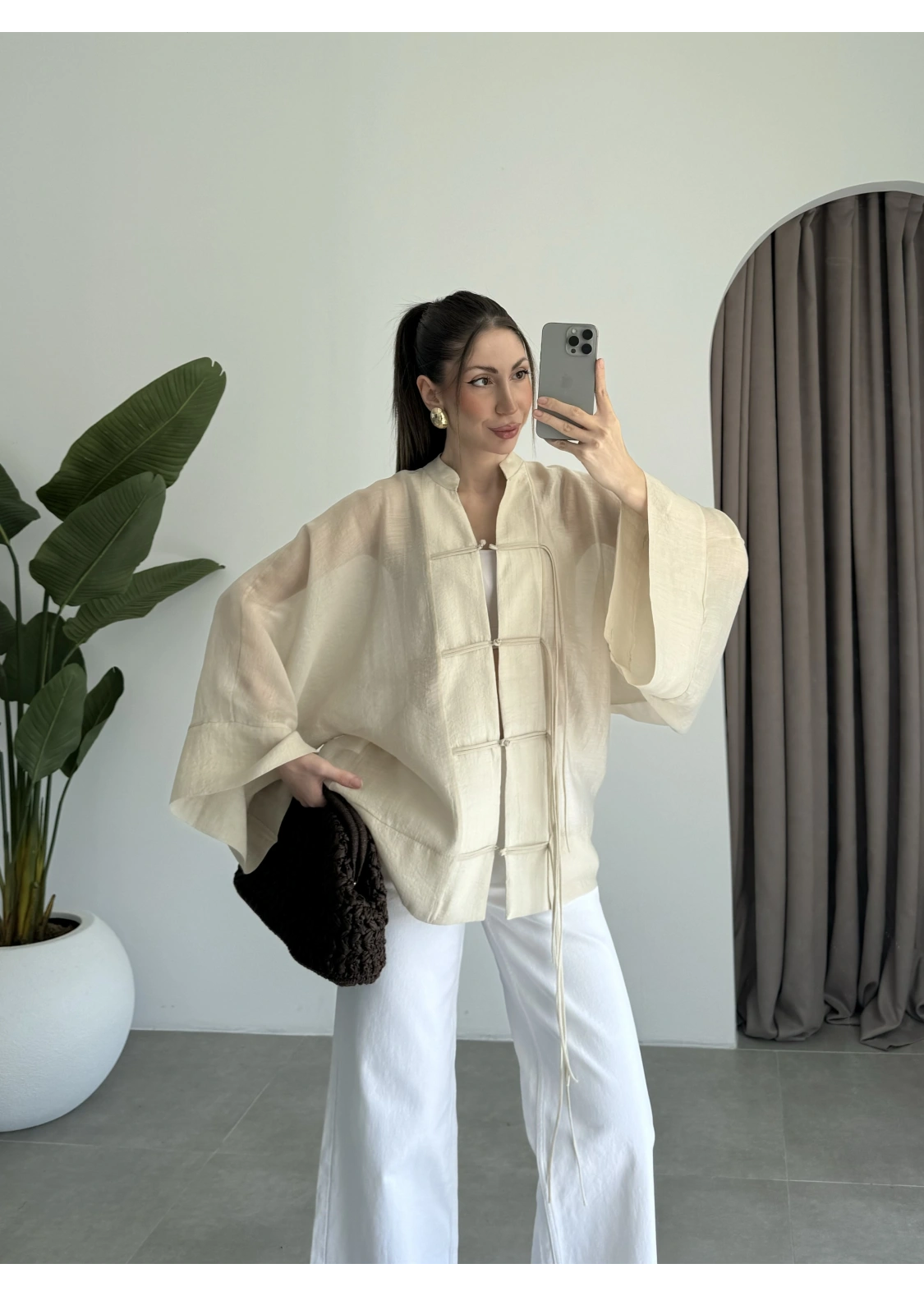 Çin Düğmeli Taş Gömlek Kimono