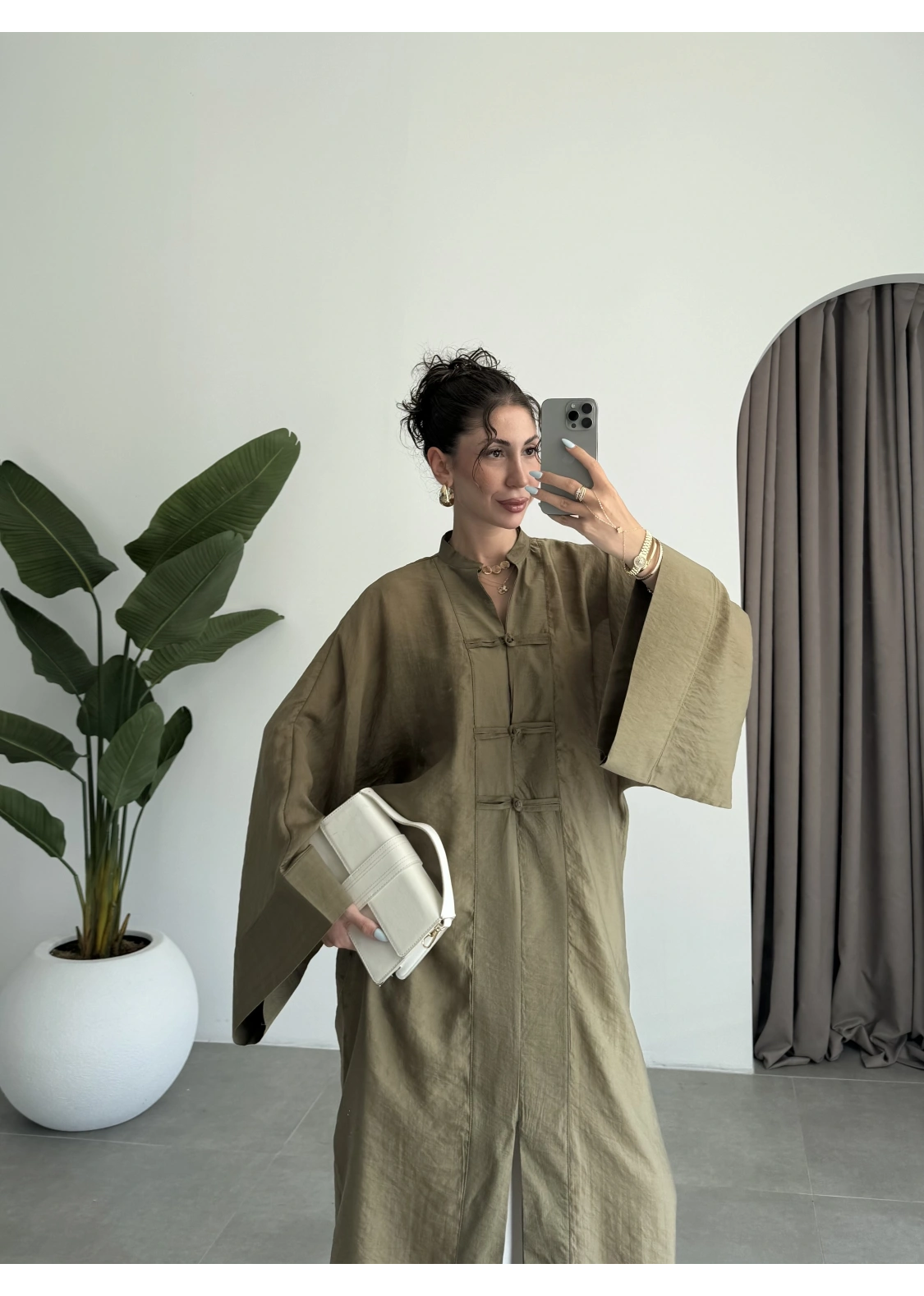 Çin Düğmeli Tensel Maxi Boy Haki Kimono