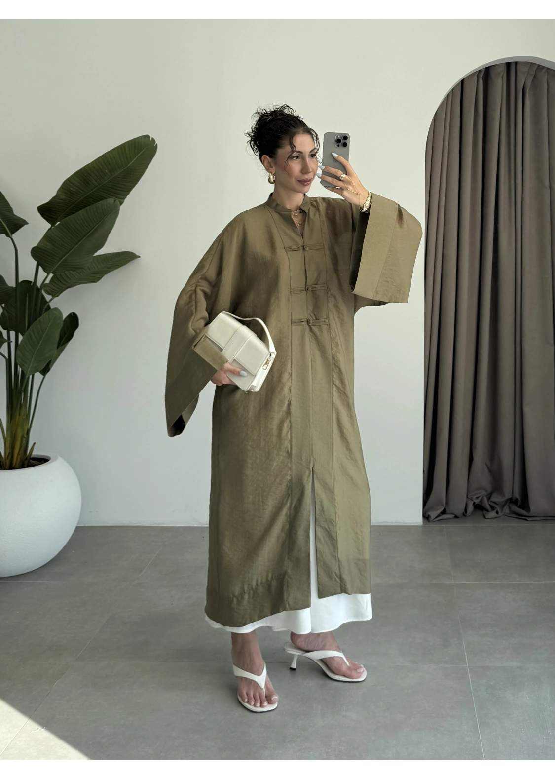 Çin Düğmeli Tensel Maxi Boy Haki Kimono