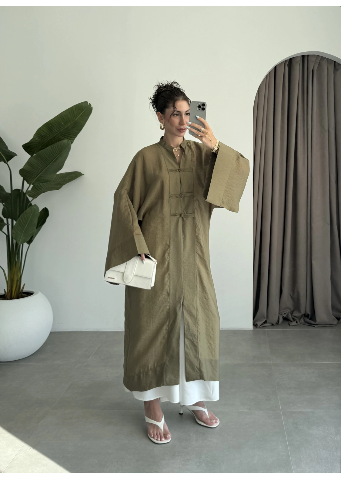 Çin Düğmeli Tensel Maxi Boy Haki Kimono