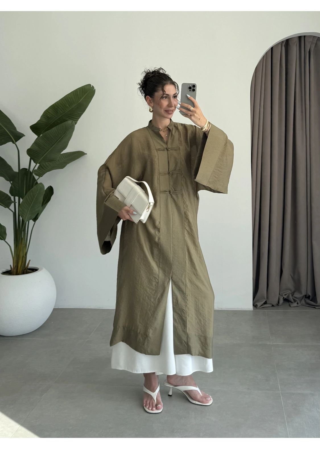 Çin Düğmeli Tensel Maxi Boy Haki Kimono