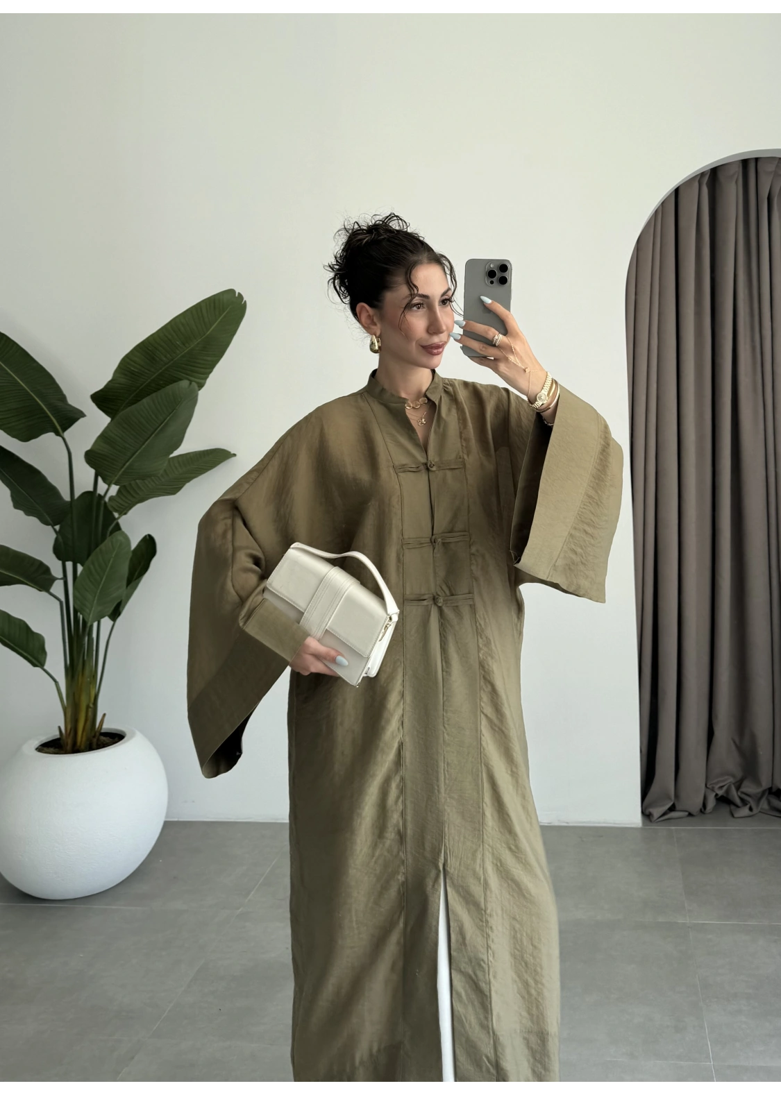 Çin Düğmeli Tensel Maxi Boy Haki Kimono