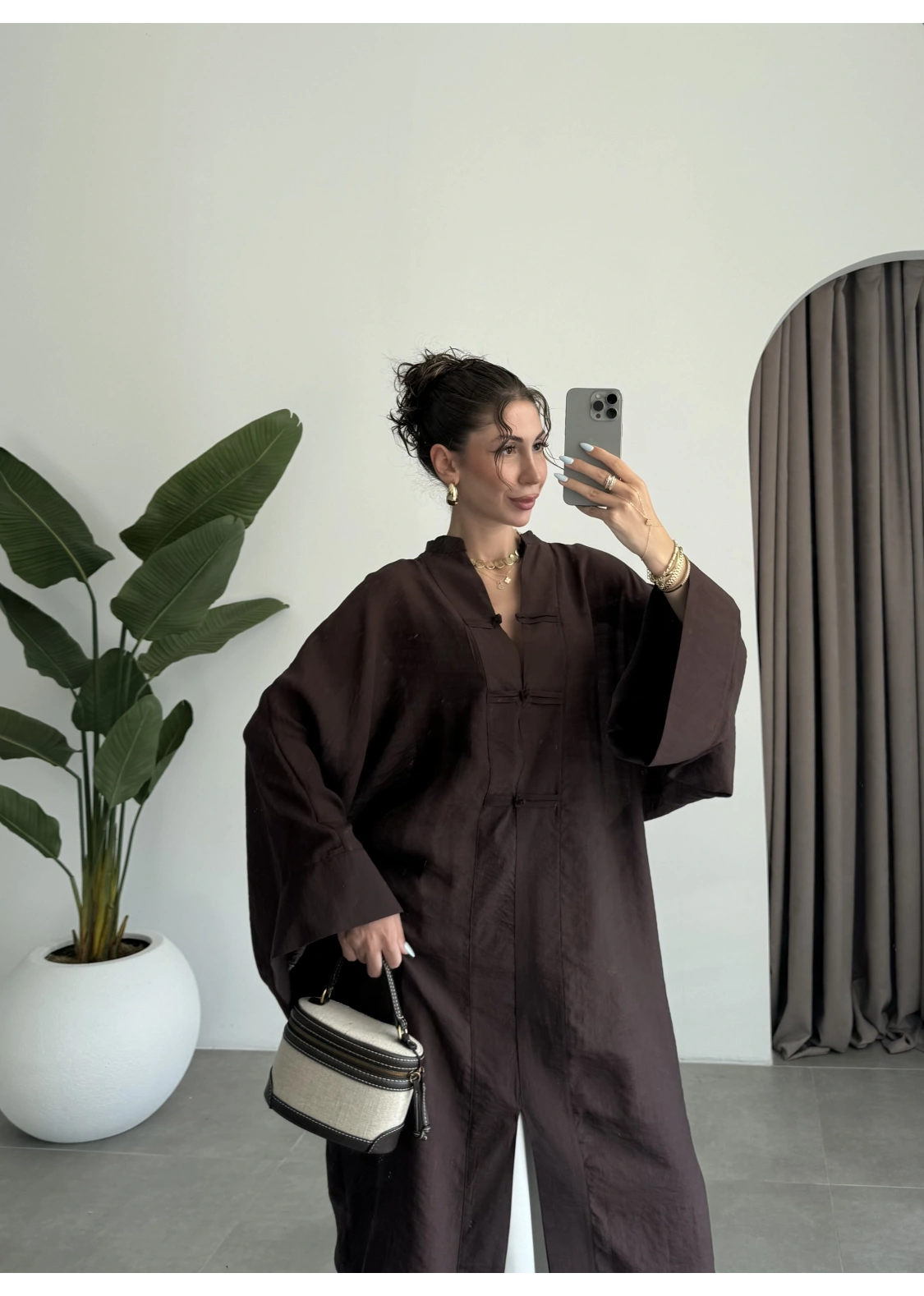 Çin Düğmeli Tensel Maxi Boy Kahve Kimono