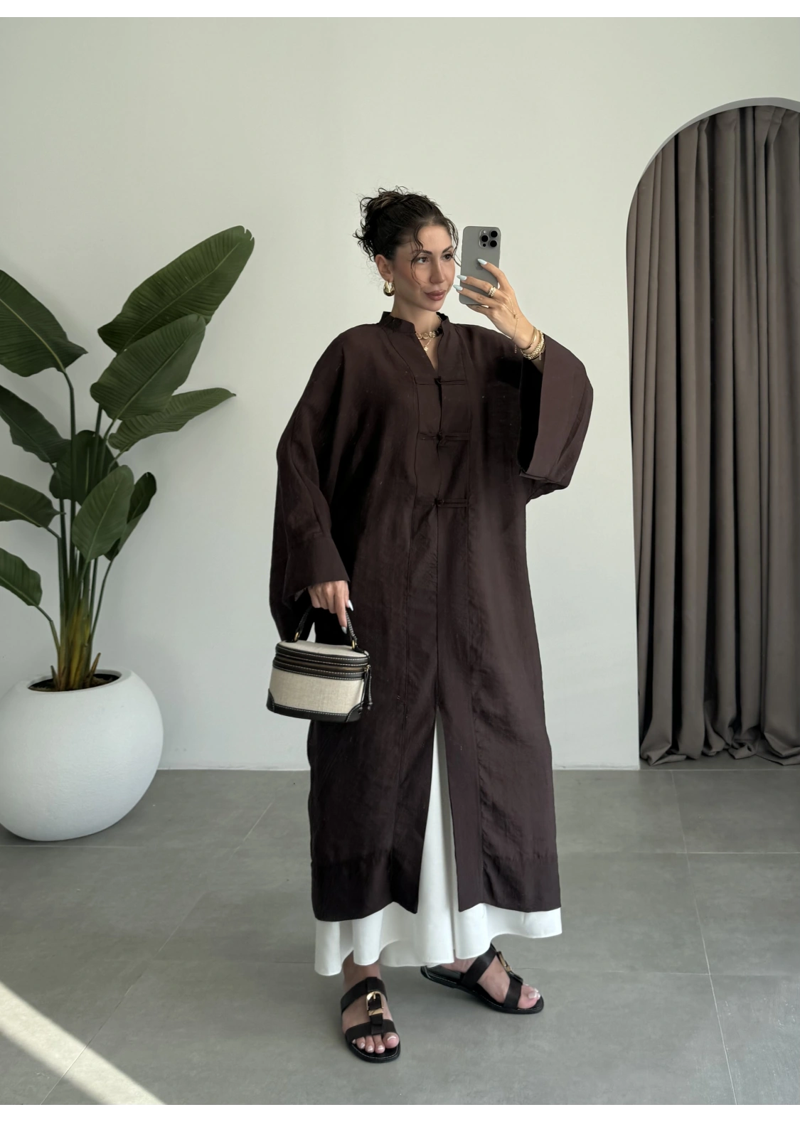Çin Düğmeli Tensel Maxi Boy Kahve Kimono
