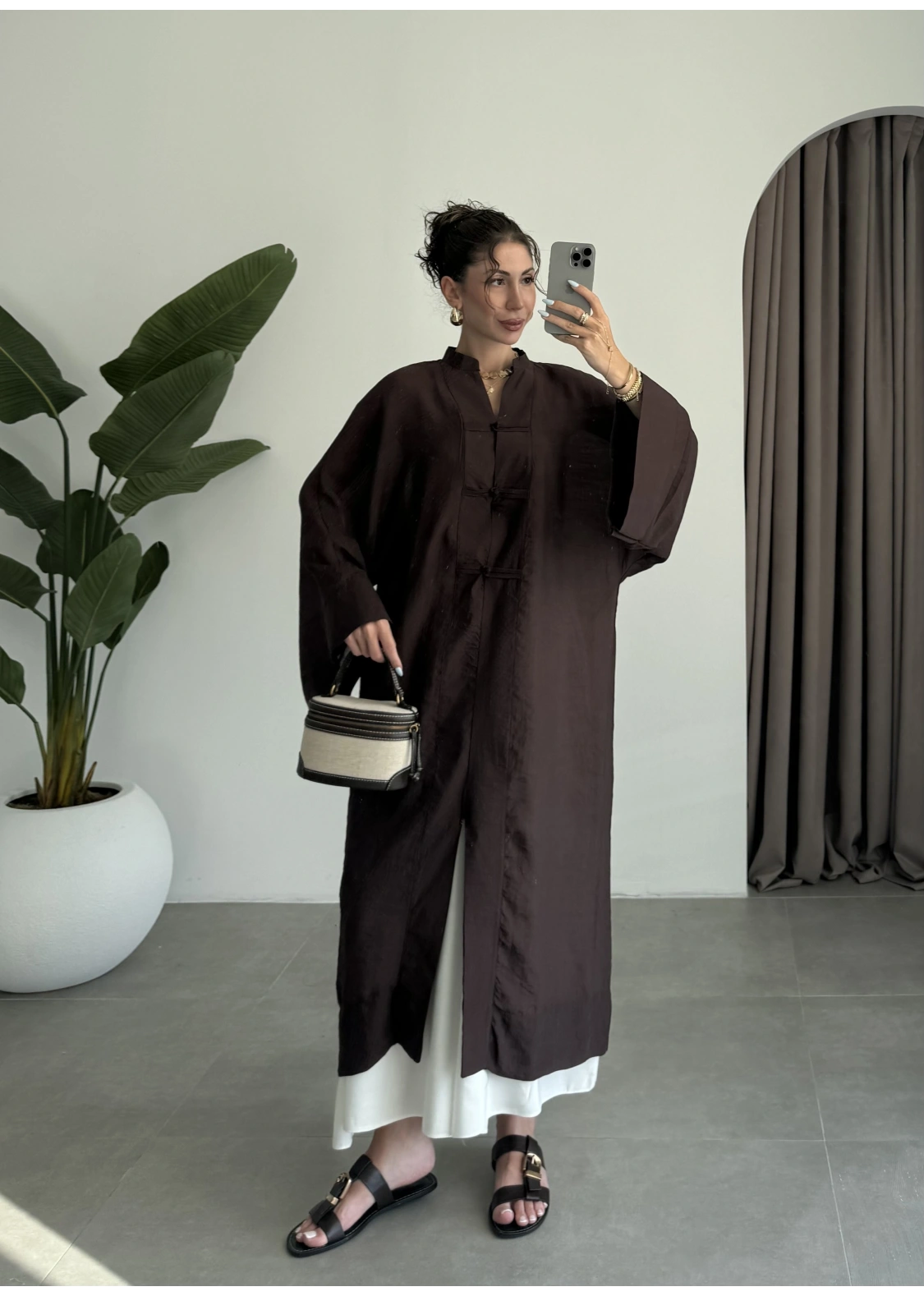 Çin Düğmeli Tensel Maxi Boy Kahve Kimono