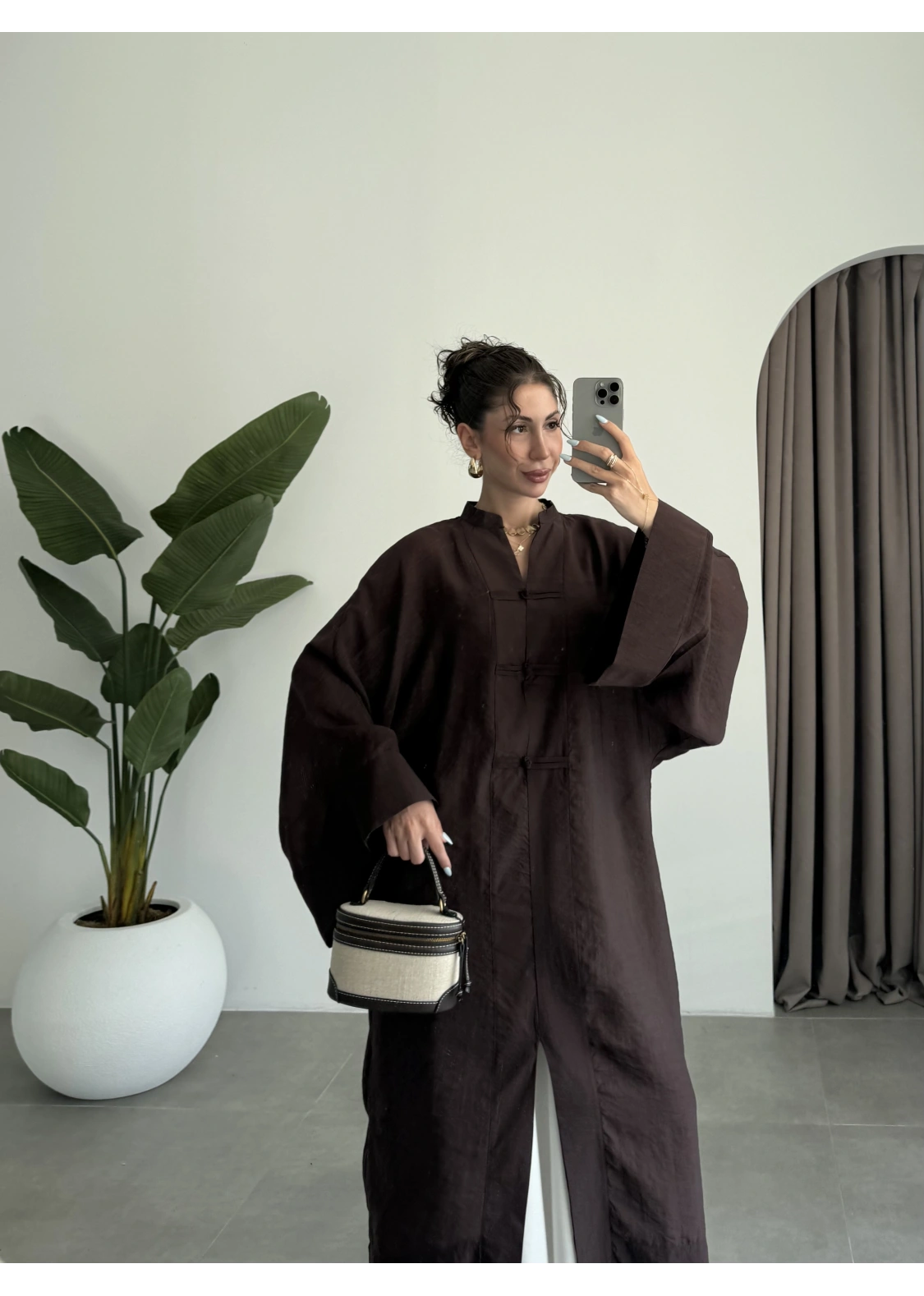 Çin Düğmeli Tensel Maxi Boy Kahve Kimono