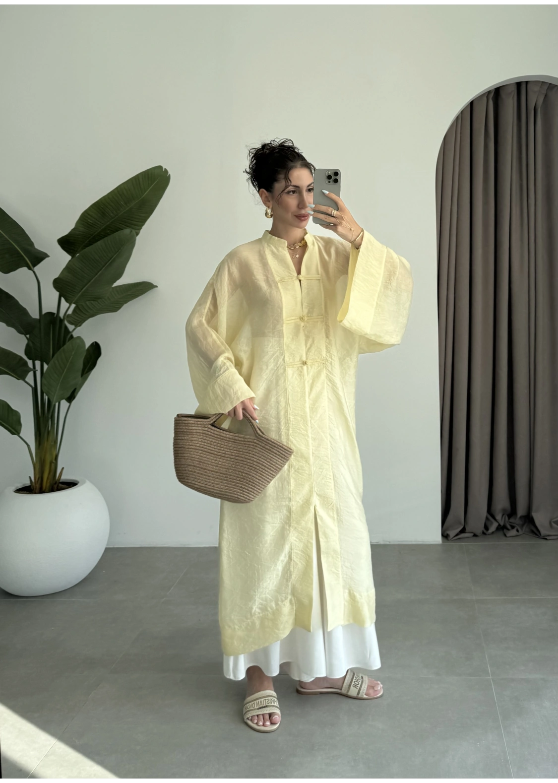 Çin Düğmeli Tensel Maxi Boy Sarı Kimono