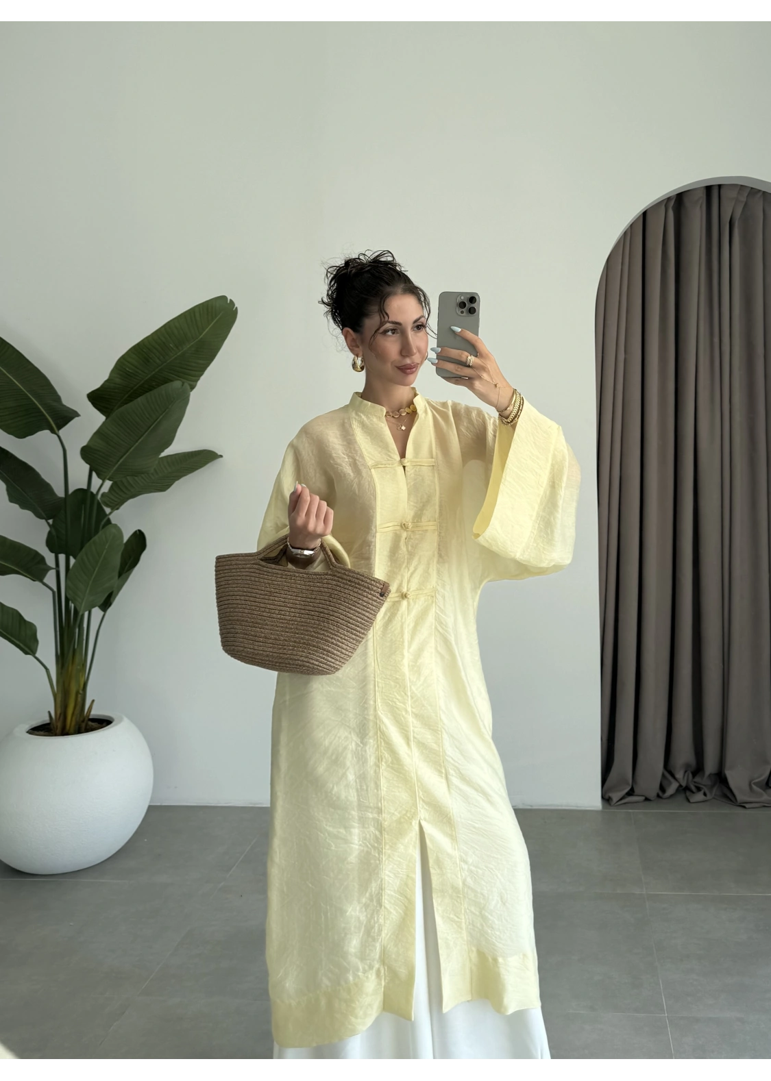 Çin Düğmeli Tensel Maxi Boy Sarı Kimono