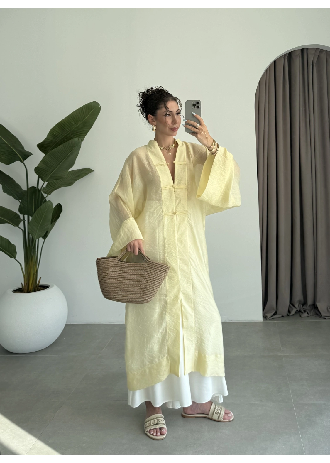 Çin Düğmeli Tensel Maxi Boy Sarı Kimono