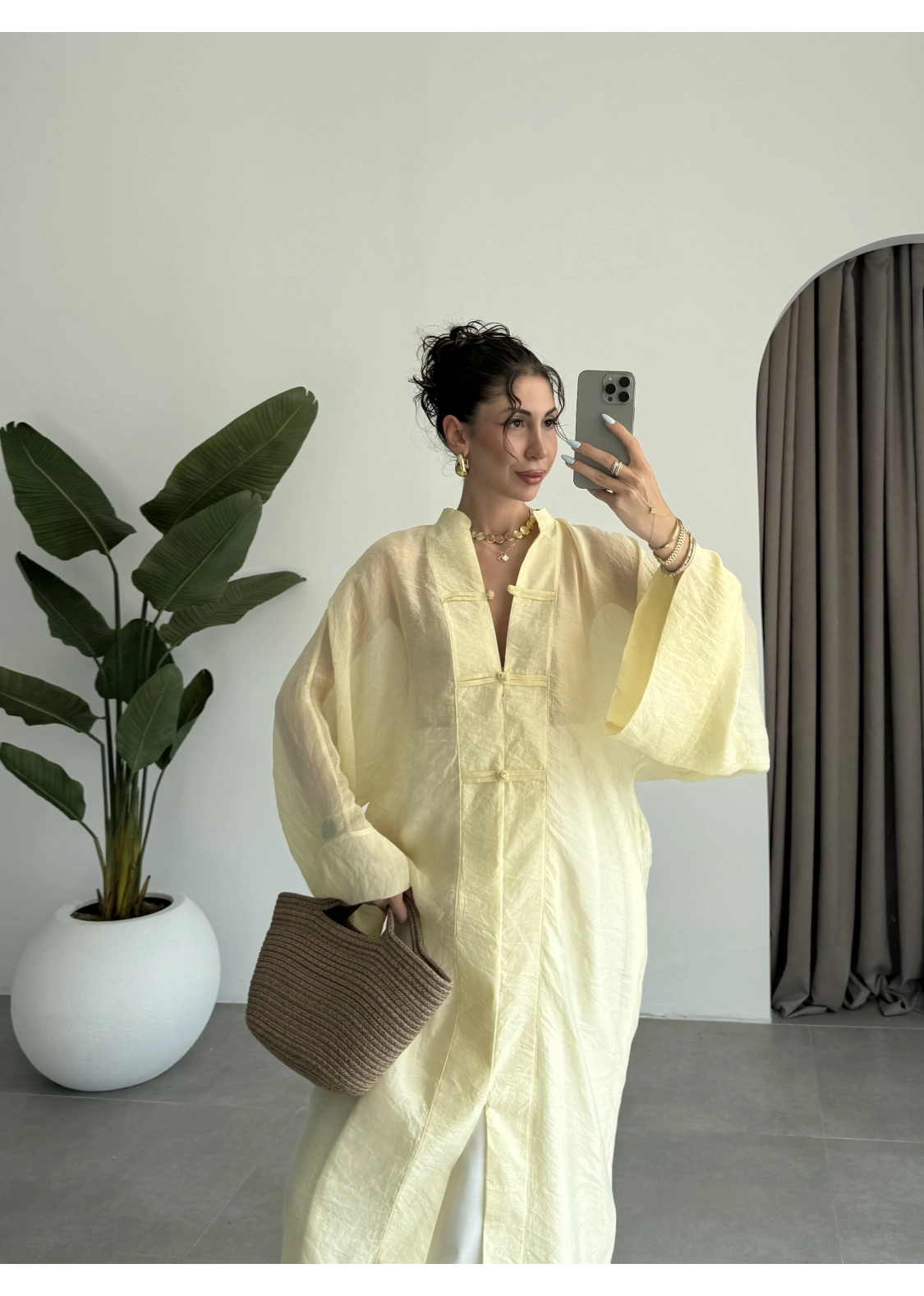 Çin Düğmeli Tensel Maxi Boy Sarı Kimono