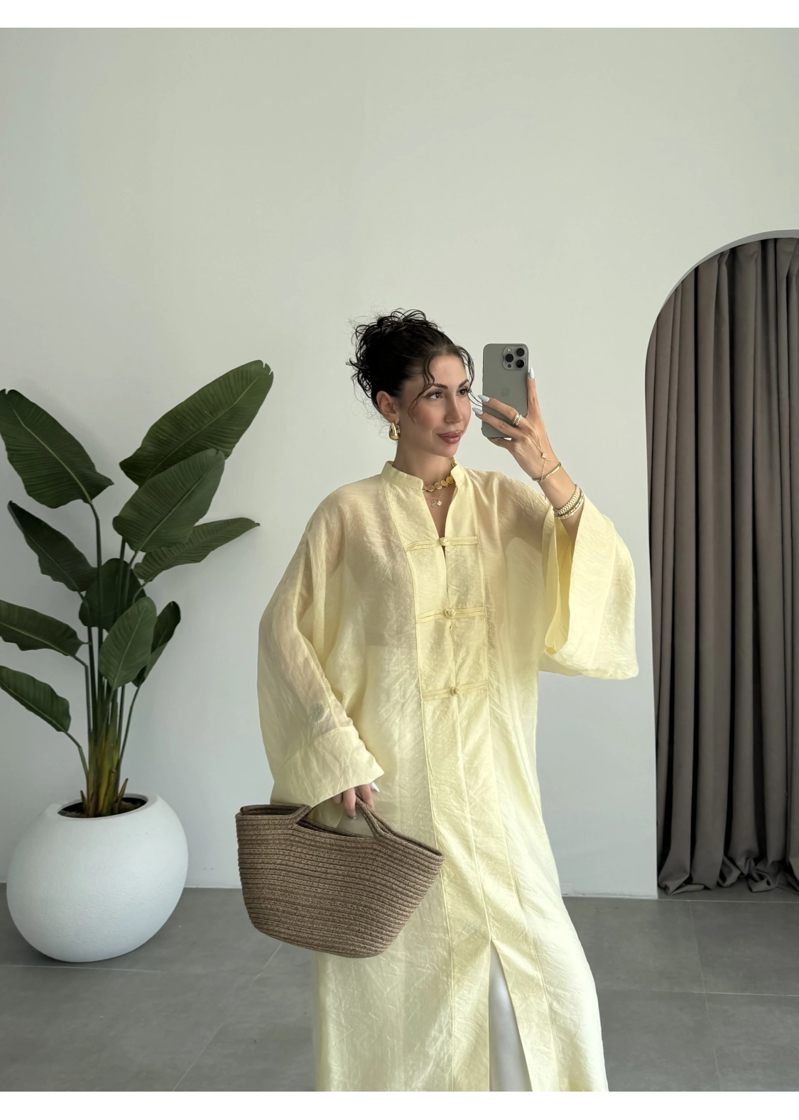 Çin Düğmeli Tensel Maxi Boy Sarı Kimono