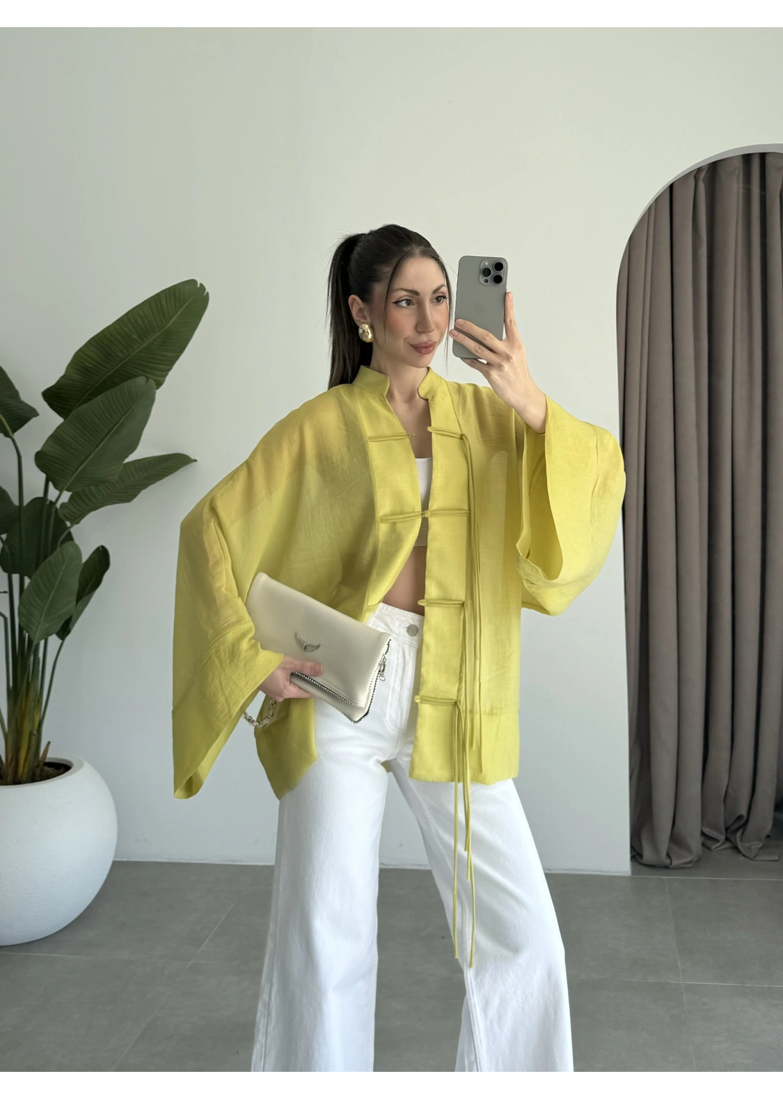 Çin Düğmeli Yağ Yeşili Gömlek Kimono