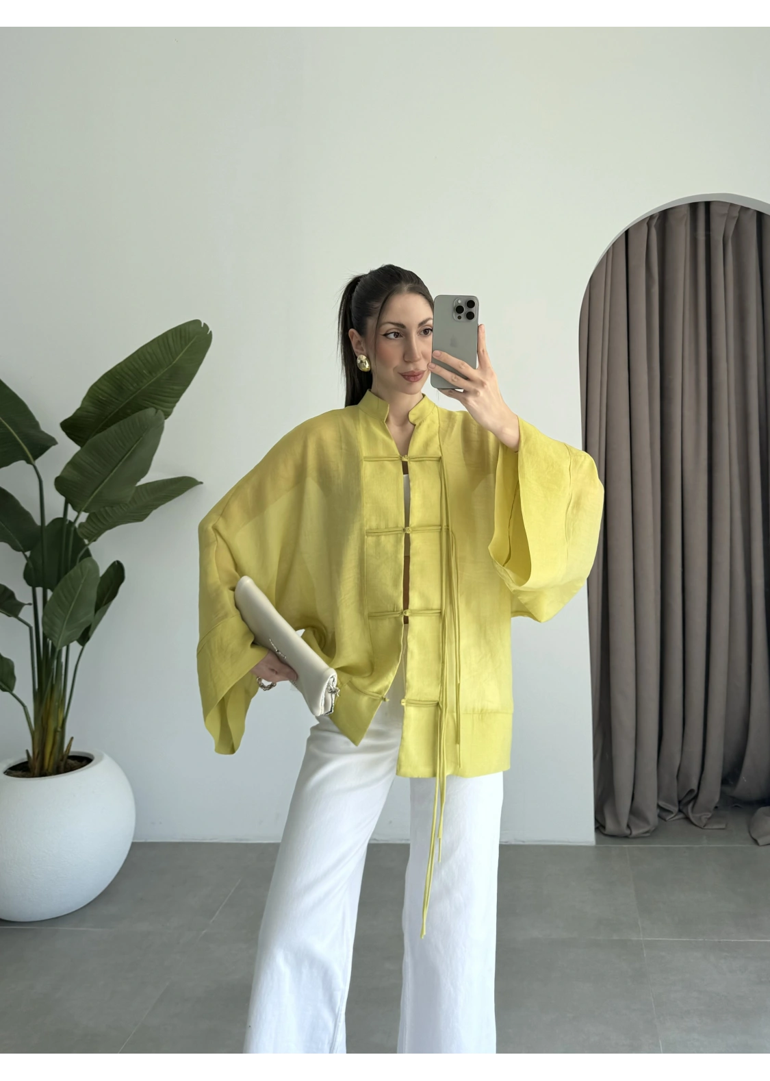 Çin Düğmeli Yağ Yeşili Gömlek Kimono