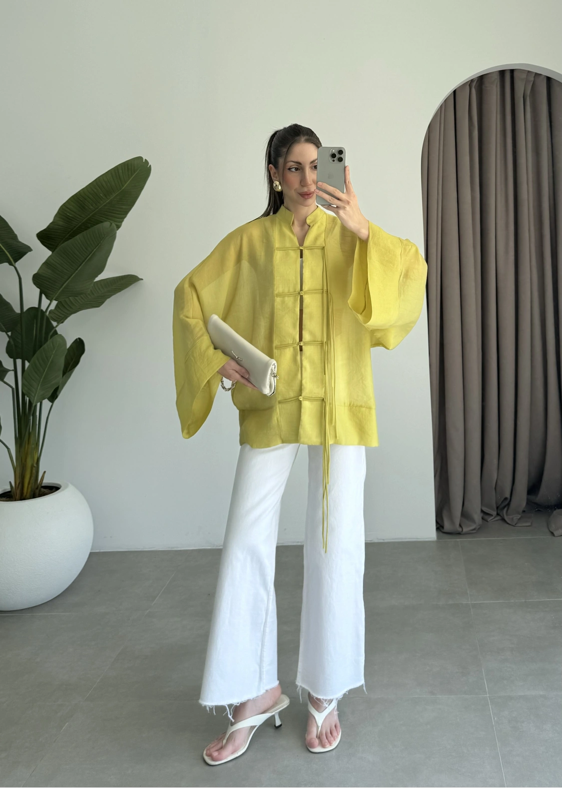 Çin Düğmeli Yağ Yeşili Gömlek Kimono