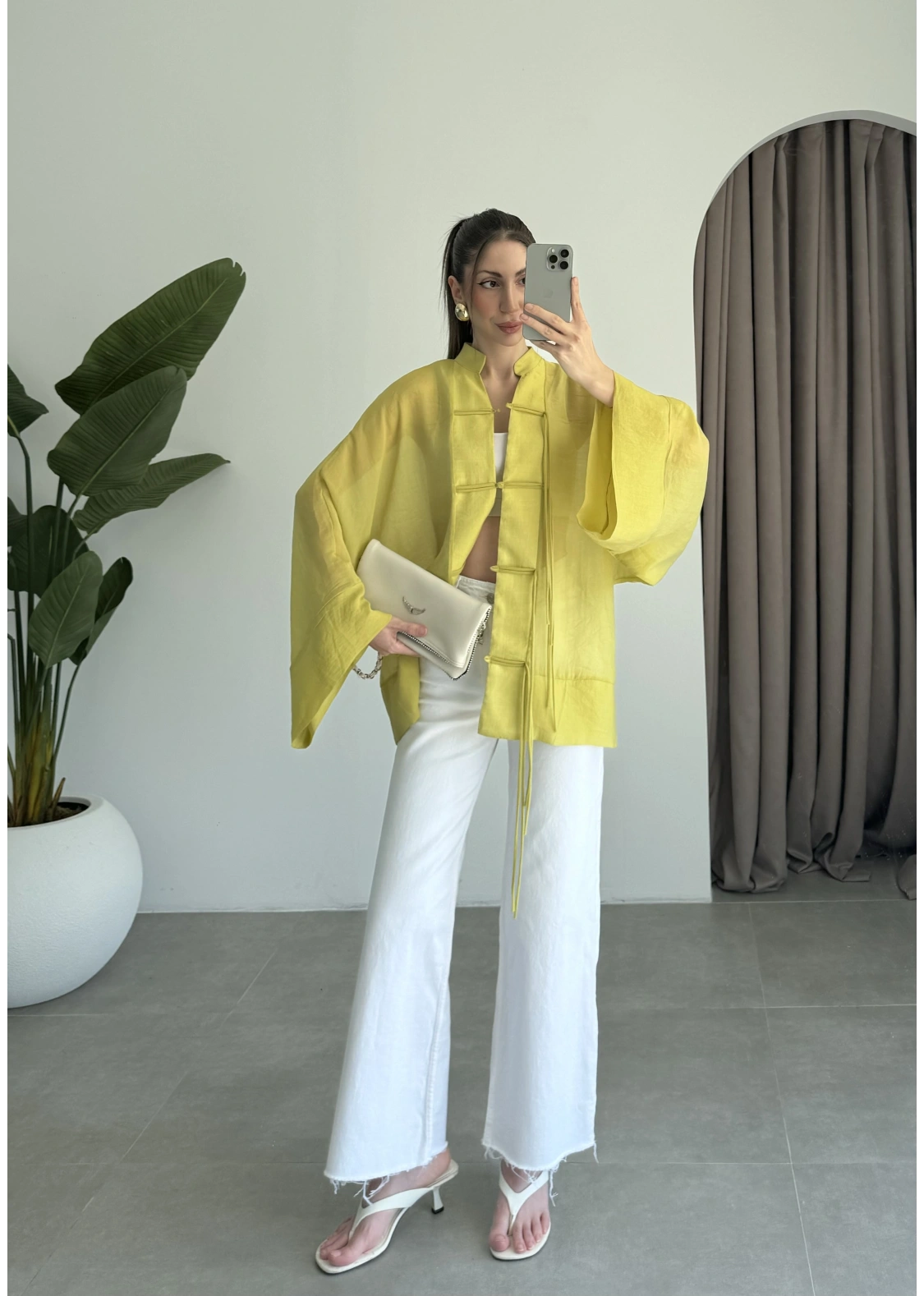 Çin Düğmeli Yağ Yeşili Gömlek Kimono