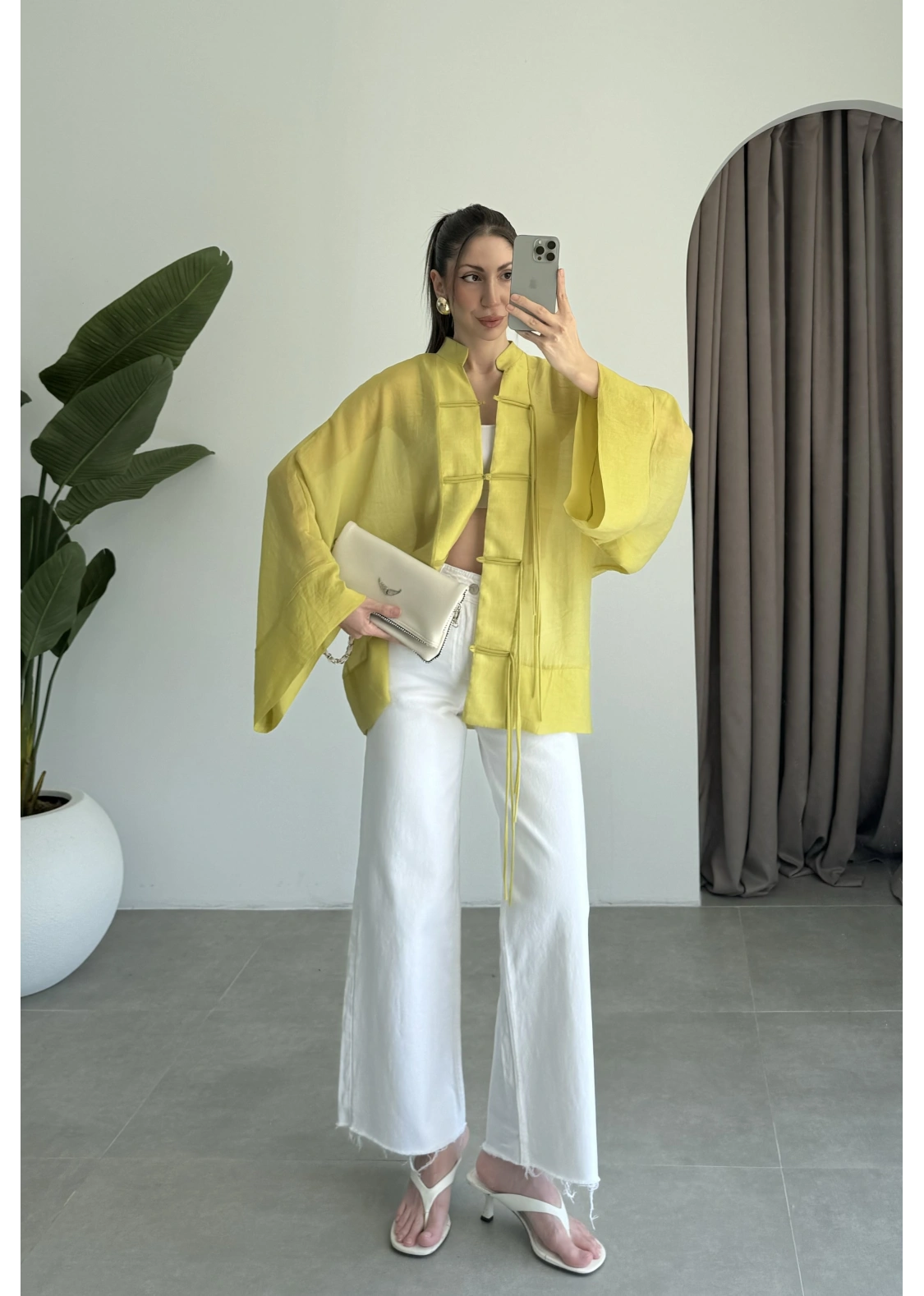 Çin Düğmeli Yağ Yeşili Gömlek Kimono