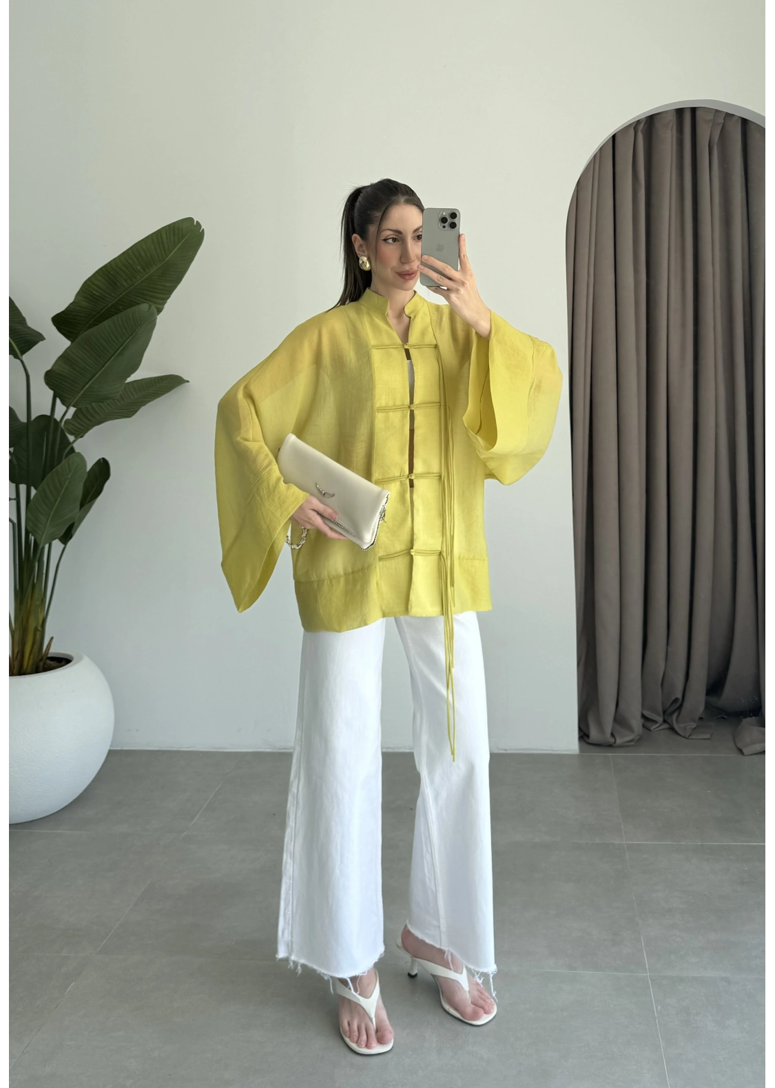 Çin Düğmeli Yağ Yeşili Gömlek Kimono