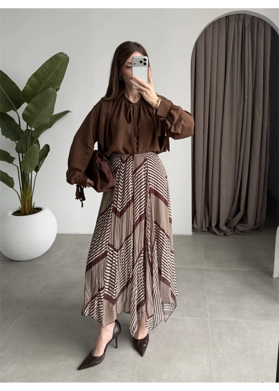 Çizgili Asimetrik Kahve Şifon Etek
