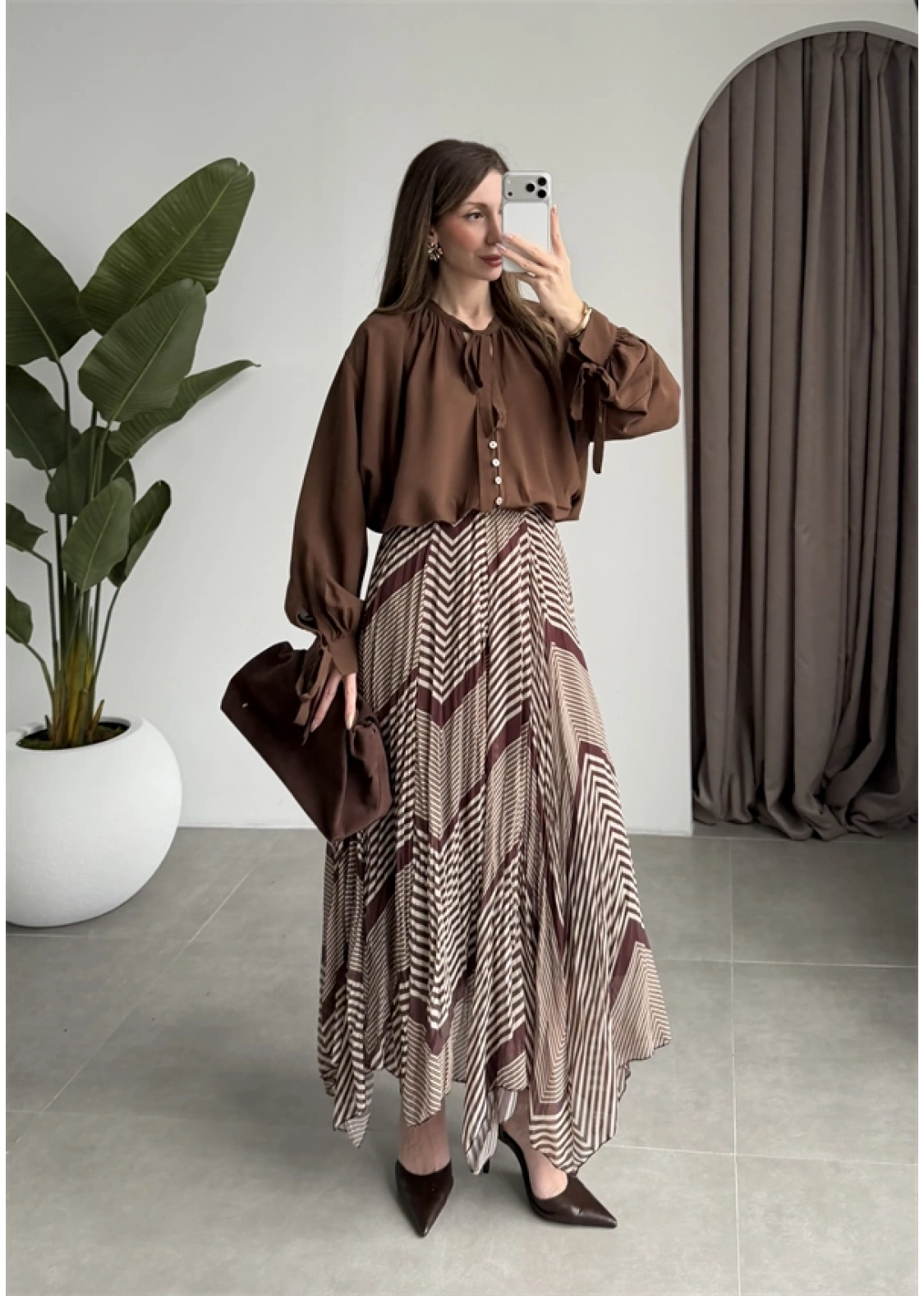 Çizgili Asimetrik Kahve Şifon Etek