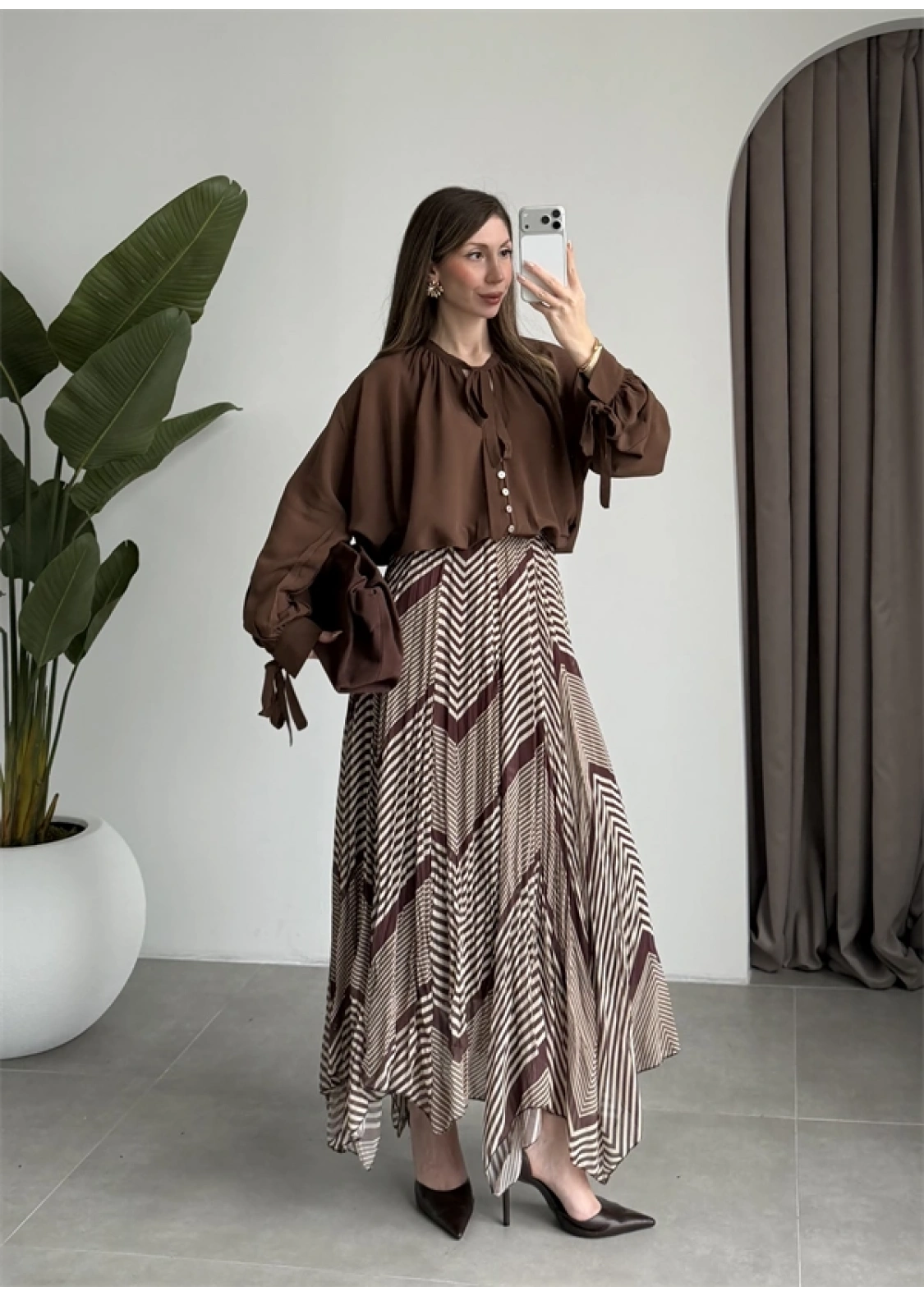 Çizgili Asimetrik Kahve Şifon Etek