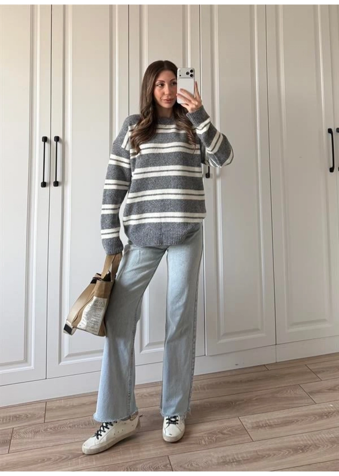 Çizgili Oversize Gri Yün Kazak