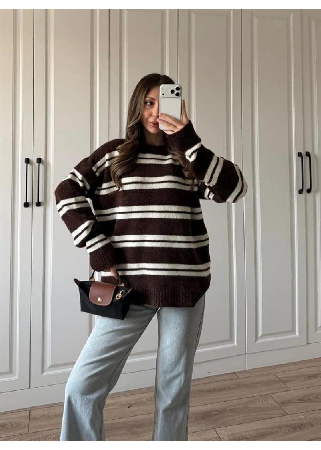 Çizgili Oversize Kahve Yün Kazak