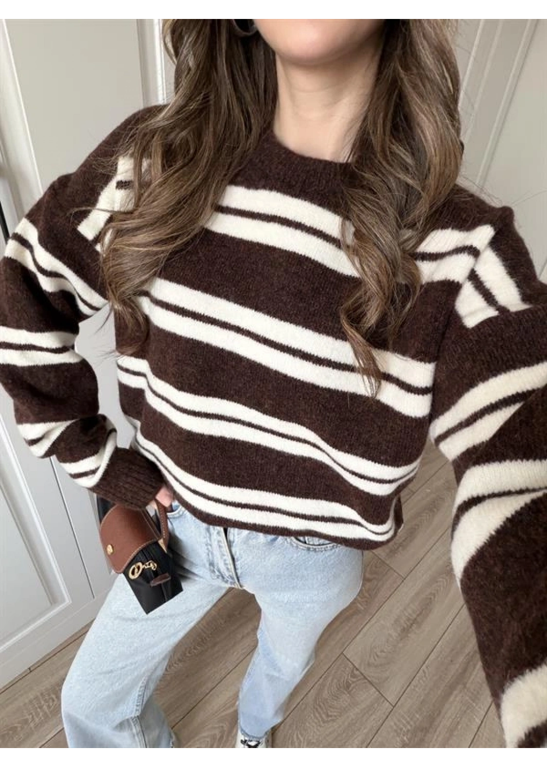 Çizgili Oversize Kahve Yün Kazak