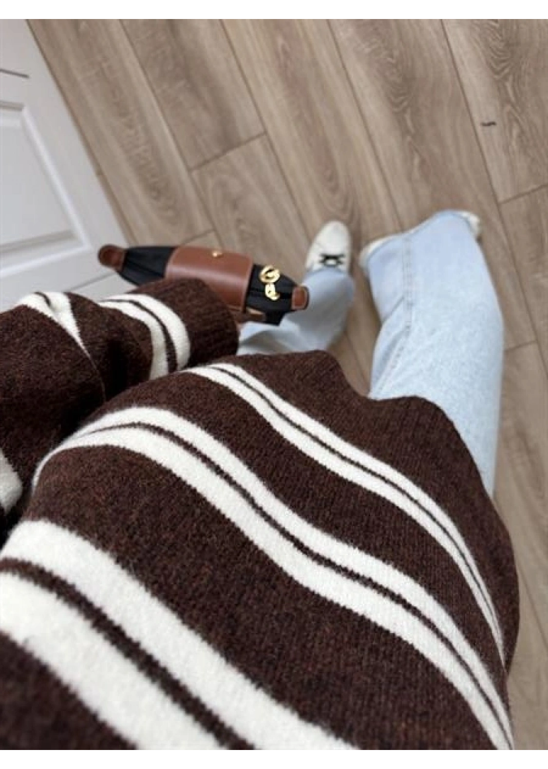 Çizgili Oversize Kahve Yün Kazak