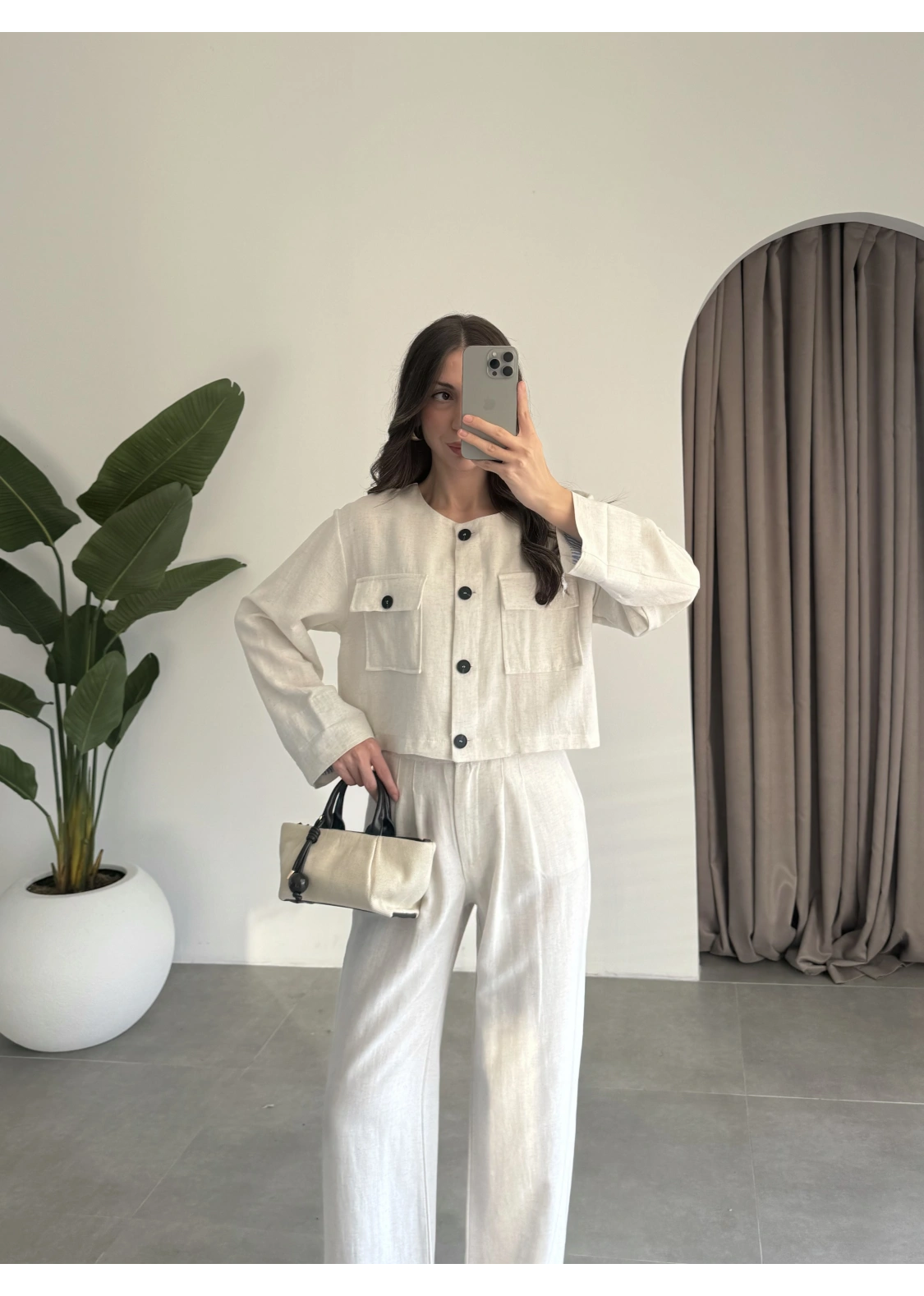 Crop Düğme Detaylı Taş Keten Takım
