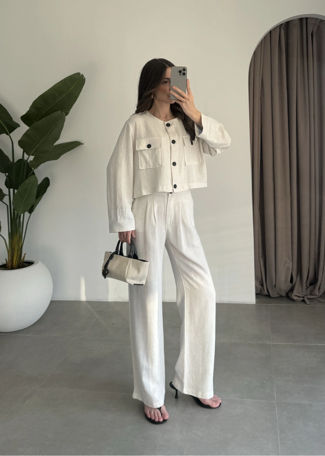 Crop Düğme Detaylı Taş Keten Takım