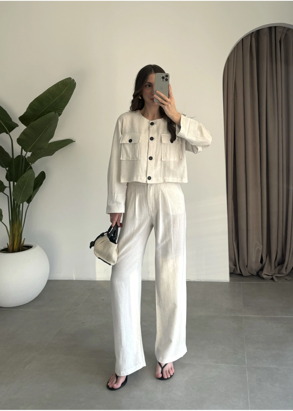 Crop Düğme Detaylı Taş Keten Takım
