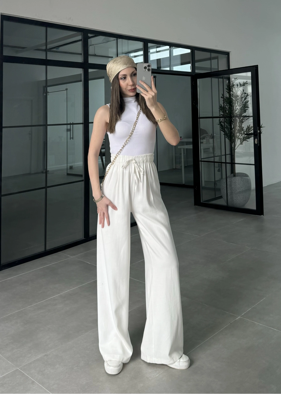 Dania Premium Beyaz Tensel Palazzo Pantolon