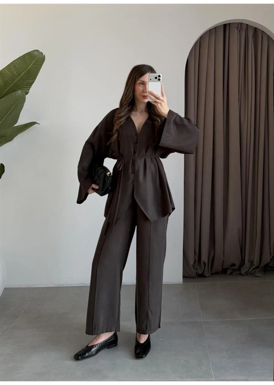 Deran Modal Kumaş Acı Kahve Kuşaklı Takım